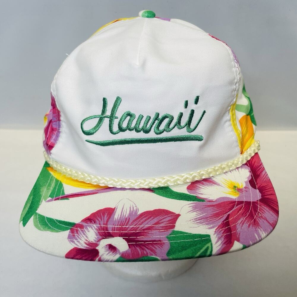 Vintage Hawaii White Floral Aloha Cap‎ Roped Snapback Hat